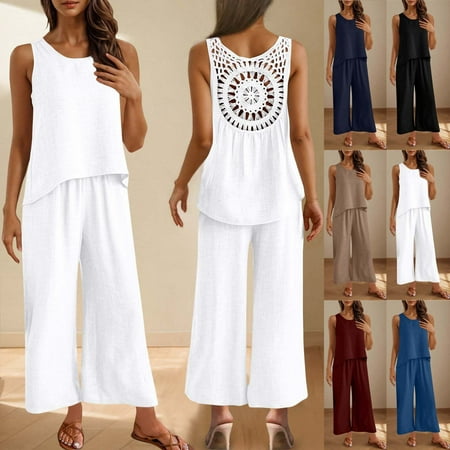 DDAPJ pyju Womens Casual Summer Outfits Two Piece Set Back Hollow Out Sleeveless Tops and Wide Leg Pants Matching Lounge Set Limited Time Sales Black L