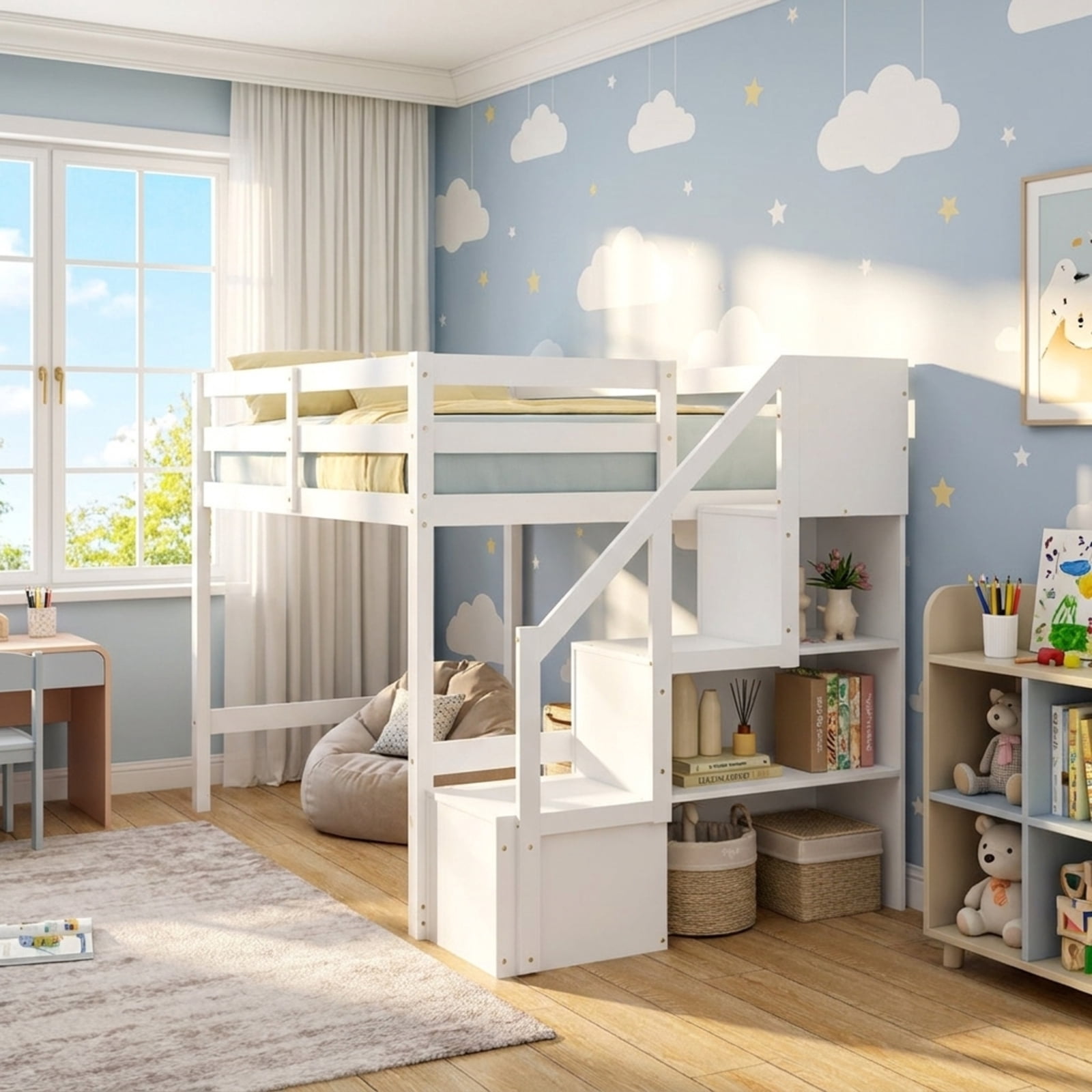 Furnibear Solid Wood Twin Over Full Low Bunk Bed with Storage Stairs and Headboard for Kids Bedroom Platform Sleep Space, White