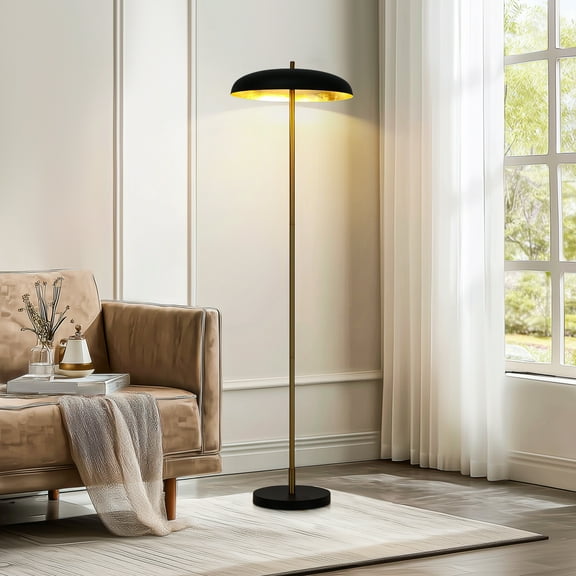 63" Metal Disc Floor Lamp With Black Shade & Gold Foil Lining,Modern Luxury Tall Standing Up Lamp With 3 G9 Sockets,Foot Switch,Ambient Light Fixture For Living Room,Bedroom,Office Decor