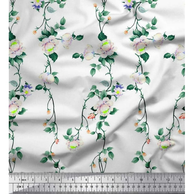 Soimoi Modal Satin Fabric Leaves & Peony Floral Decor Fabric Printed Yard 42 Inch Wide