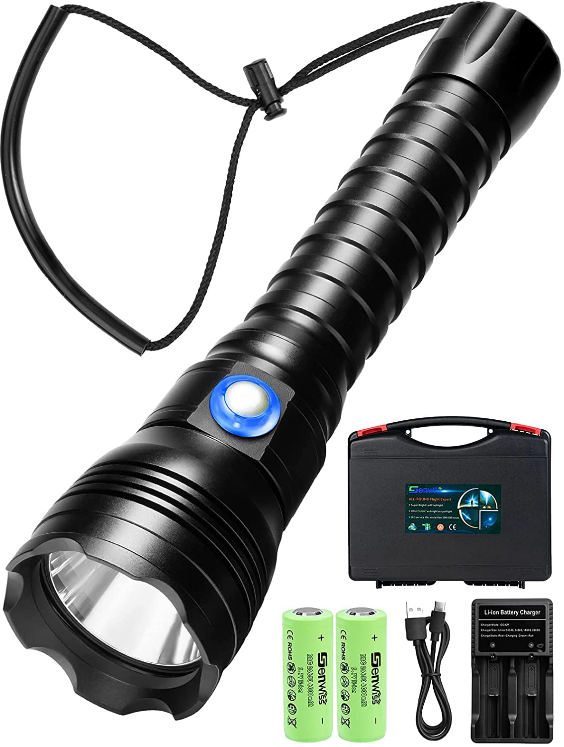 Genwiss Scuba Diving Light High Lumens Underwater Flashlight with Battery for Night Dive