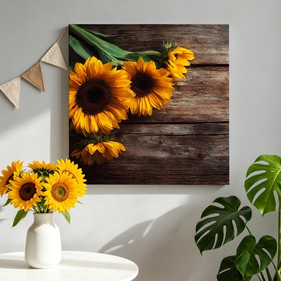 Canvas Wall Art Farmhouse Sunflower Canvas Art Print Country Vintage Yellow Flowers Wood Grain Pictures Wall Decor for Living Room Bedroom Artwork Decorations Stretched Framed Ready to Hang 16"x16"