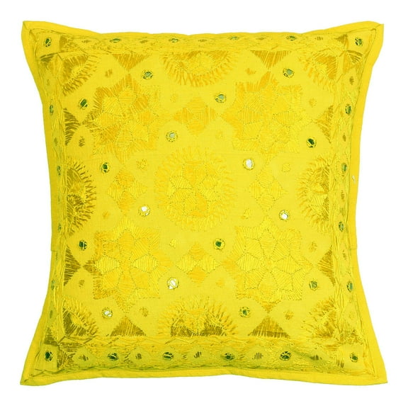Stylo Culture Indian Chair Seat Throw Pillow Cover 16x16 Hand Embroidered Yellow Bohemian 40 x 40 cm Home Decor Cotton Mirrored Square Cushion Cover | 1 Pc