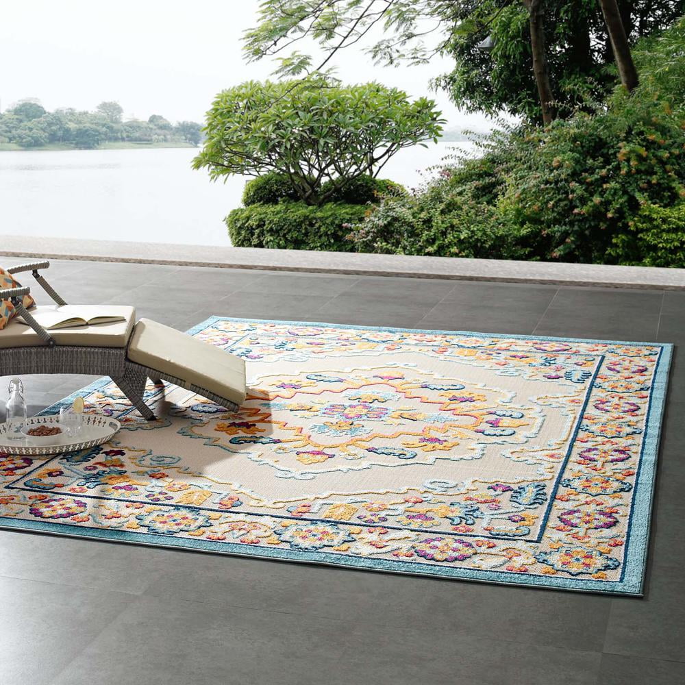 Modway Reflect Ansel Distressed Floral Vintage Medallion 8x10 Indoor and Outdoor Area Rug in Multicolored