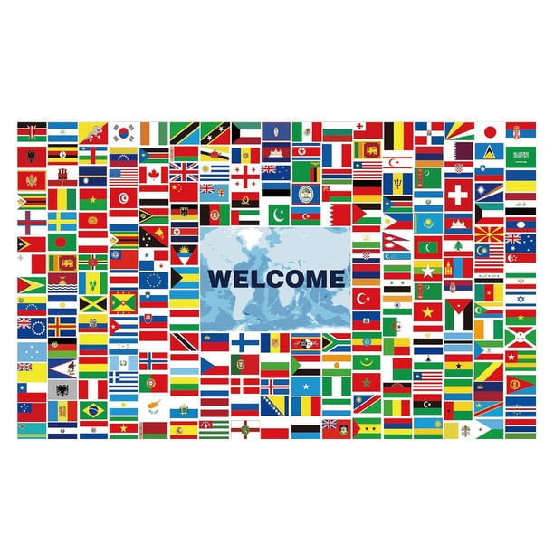 Banderín de poliéster de 71 x 44 pulgadas con países del mundo, 0 banderas nacionales, pancarta de bienvenida multicultural, cuerda de 20 pies para fiestas escolares, bares y eventos internacionales