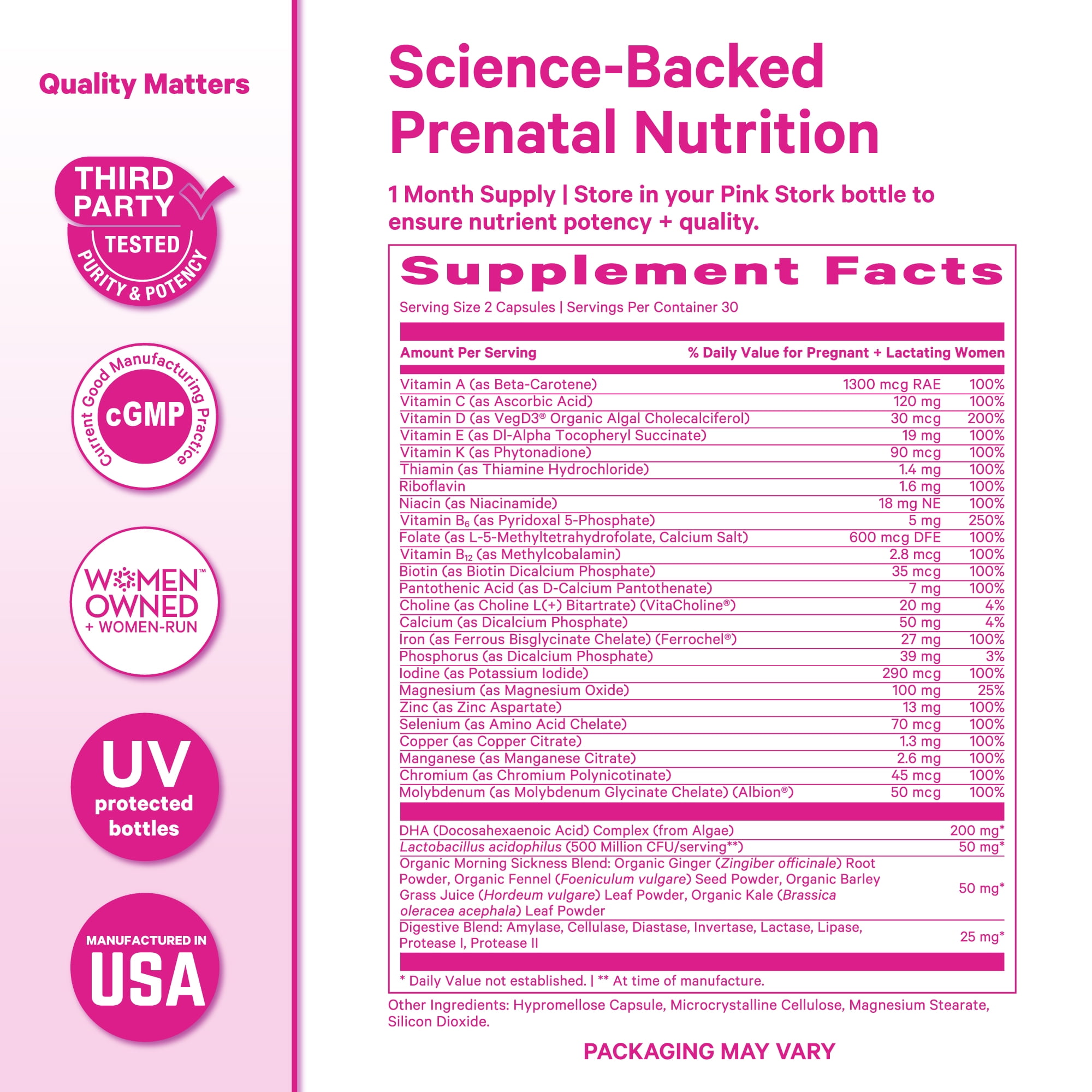 Pink Stork Premium Prenatal Multivitamin Supplements with Folate, Probiotics, Biotin - 60 Capsules
