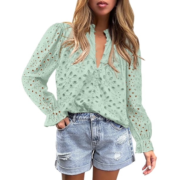 Blusa para Mujer PRETTYGARDEN Manga Larga Cuello en V con Encaje Talla L