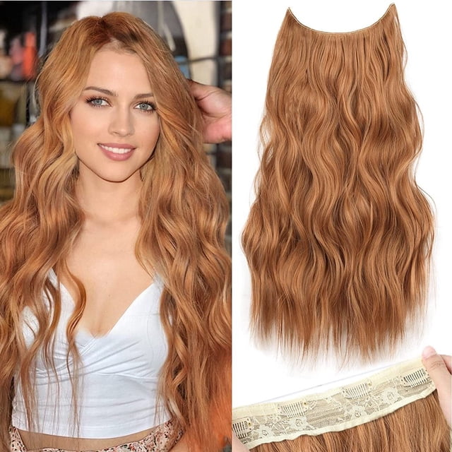DssengInvisible Wire Hair Extensions with Transparent Headband Adjustable Size 4 Secure Clips Long Wavy Highlight Hairpiece 20 Inch Balayage Dark Brown to Chestnut for Women