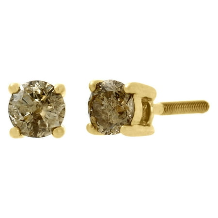 Gold Champagne Diamond Earrings - 10K Yellow Gold Ladies Solitaire Brown Champagne Diamond Studs Earrings 0.50 Ct.