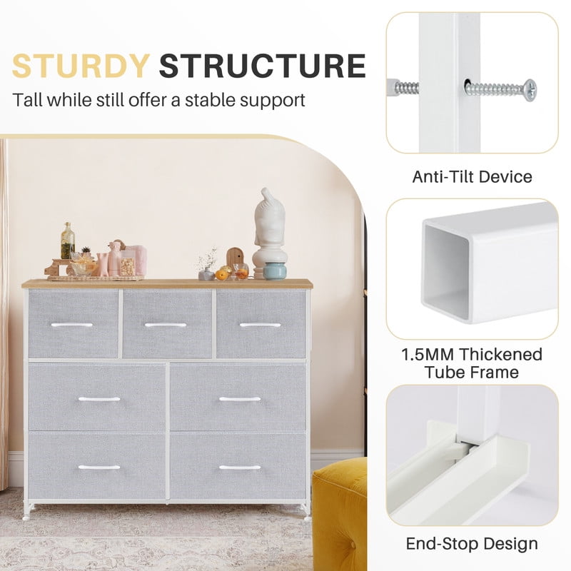 Simenmax 7 Drawer Dresser for Bedroom, Fabric Storage Dresser for Bedroom, Wood and Metal Dresser TV Stand for Living Room, Entryway Light Gray