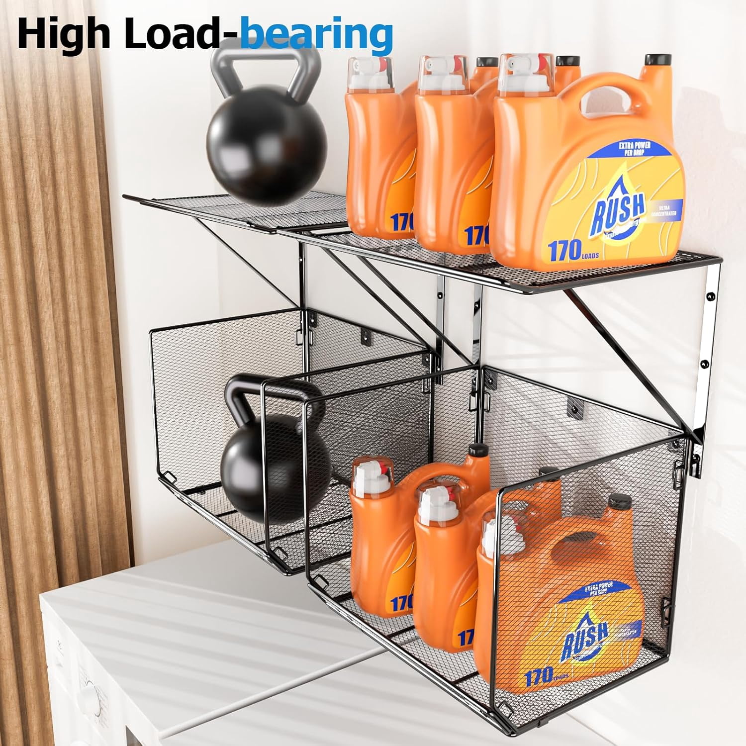 2 Pack Laundry Room Shelves Organization and Storage,Wall Mounted Clothes Drying Rack with Wire Mesh Basket Over Washer and Dryer, (Black, 2 Pack)