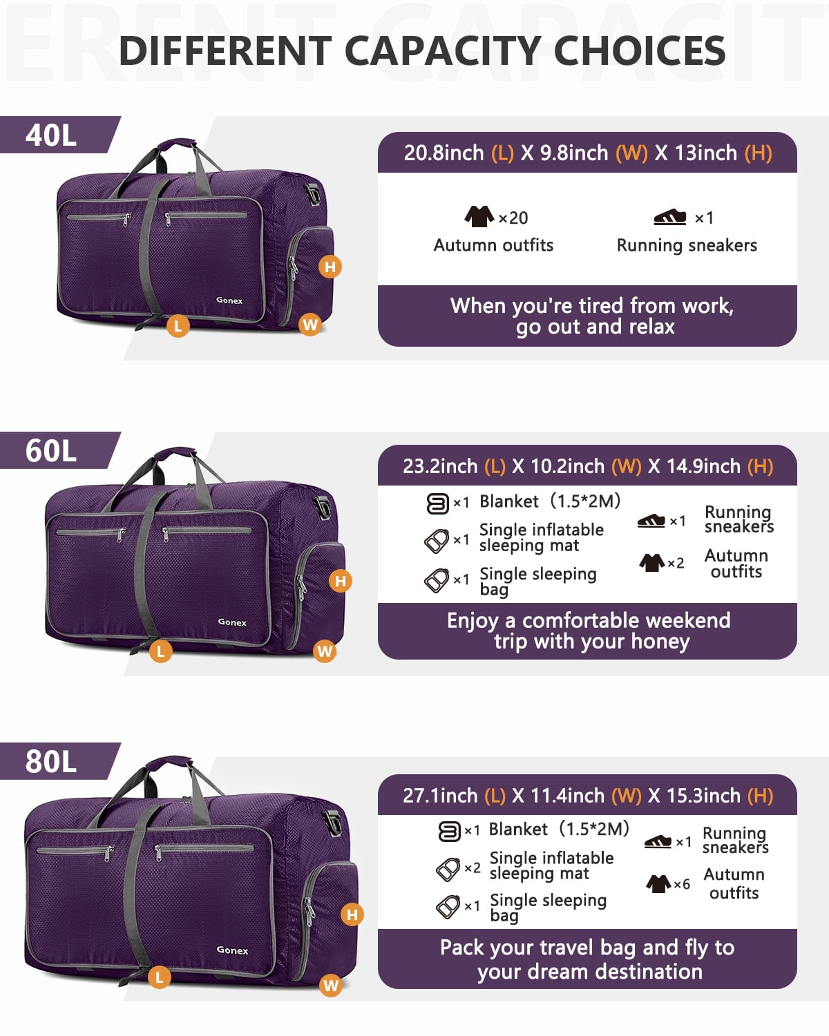 Gonex 40L Duffle Bag with Shoes Compartment, 21" Packable Travel Duffel Bags for Men Women, Water Repellent Overnight Weekend Bag
