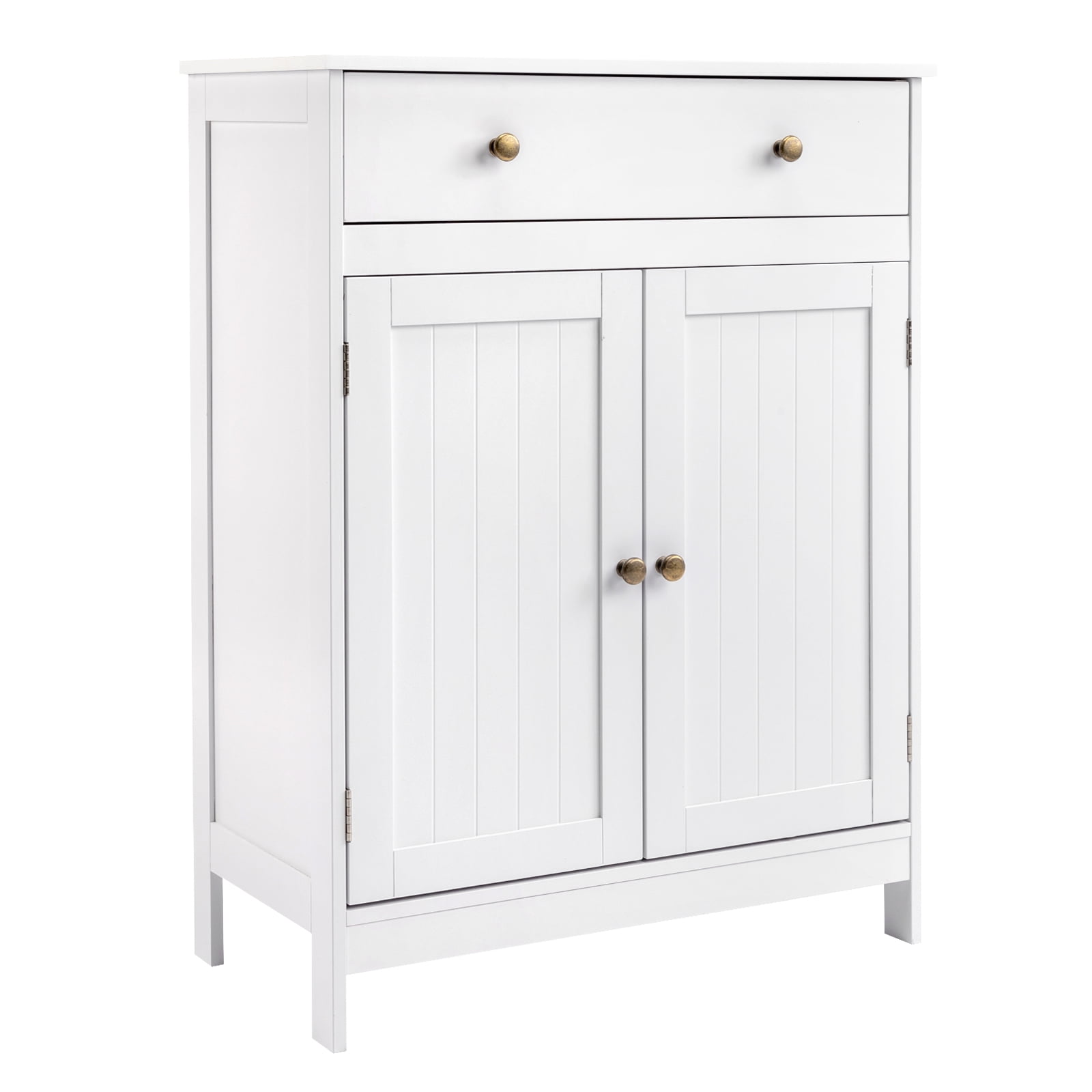 Zimtown White Wooden 2-Door Bathroom Cabinet Storage Organizer with 2 Shelves& 1 Drawer Freestanding