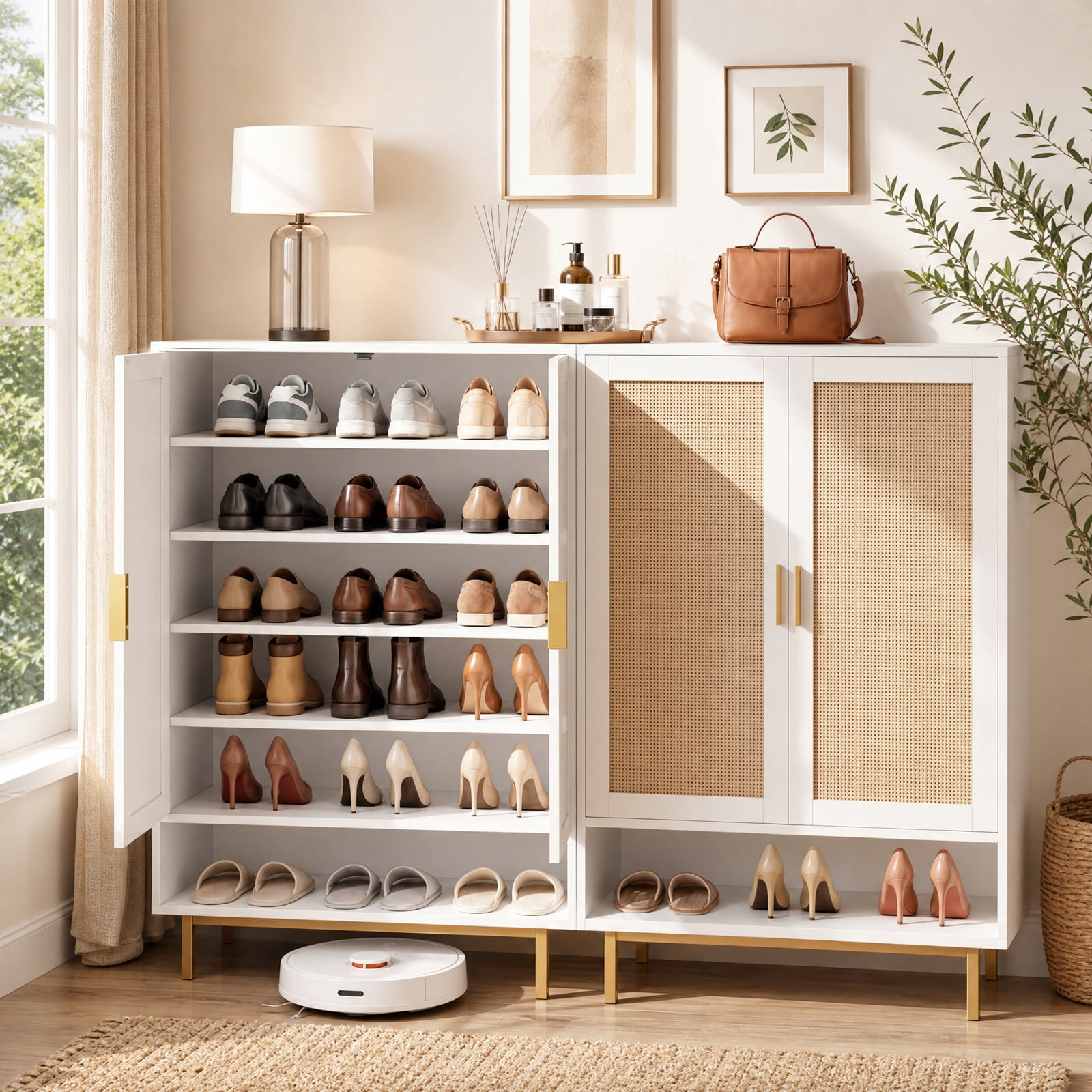 Furnibear 43 Inch Tall 6 Tier Shoe Cabinet with Double Doors and Adjustable Shelves for Entryway Living Room and Closet, White