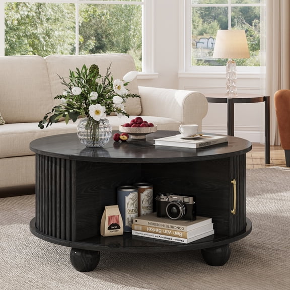 Round Coffee Table with Storage, Accent Fluted Drum Coffee Table with Sliding Door, Mid Century Modern Table for Living Room, Farmhouse Coffee Table for Small Space