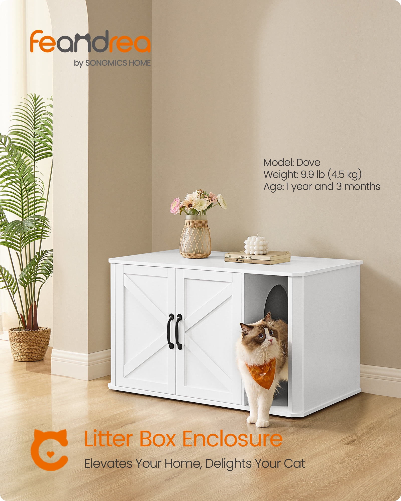 Litter Box Enclosure, Modern Cat Litter Box Furniture Hidden, with Front Entry, Double Doors, Handles, Cat House, Side End Table, 33.5 x 19 x 19.5 Inches, Cloud White