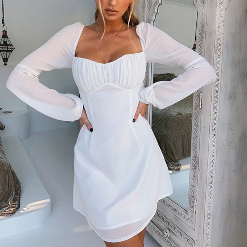 white square neck long sleeve dress
