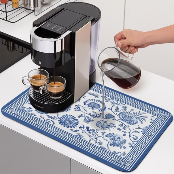 Blue Flowers Dish Drying Mats for Kitchen Counter, Floral Geometric Classic Traditional Border Absorbent Coffee Bar Mat with Non-slip Rubber Backed Quick Drying Dish Rack Pad 12"x16"