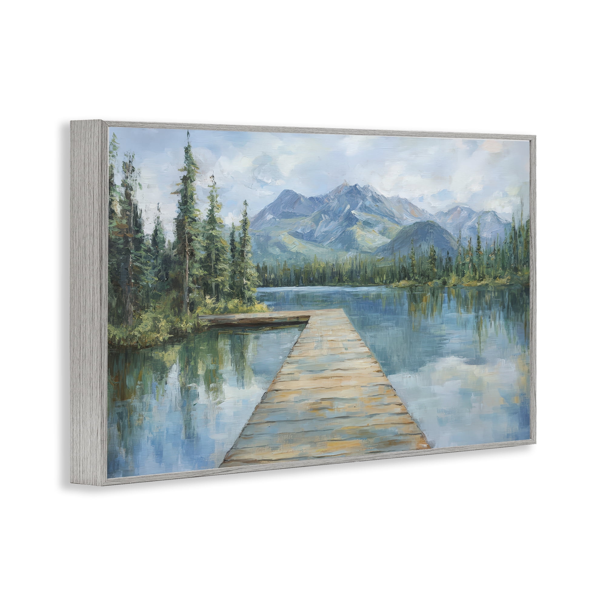 Stupell Industries Peaceful Lake Dock in the Mountains Gray Framed Giclee Art, design by Petal Prints Design