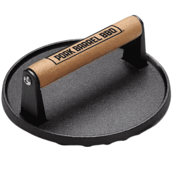 Pork Barrel BBQ Round Cast Iron Smash Burger Press - Heavy Duty Burger Smasher & Bacon Press with Wood Handle for Blackstone Griddle Accessories