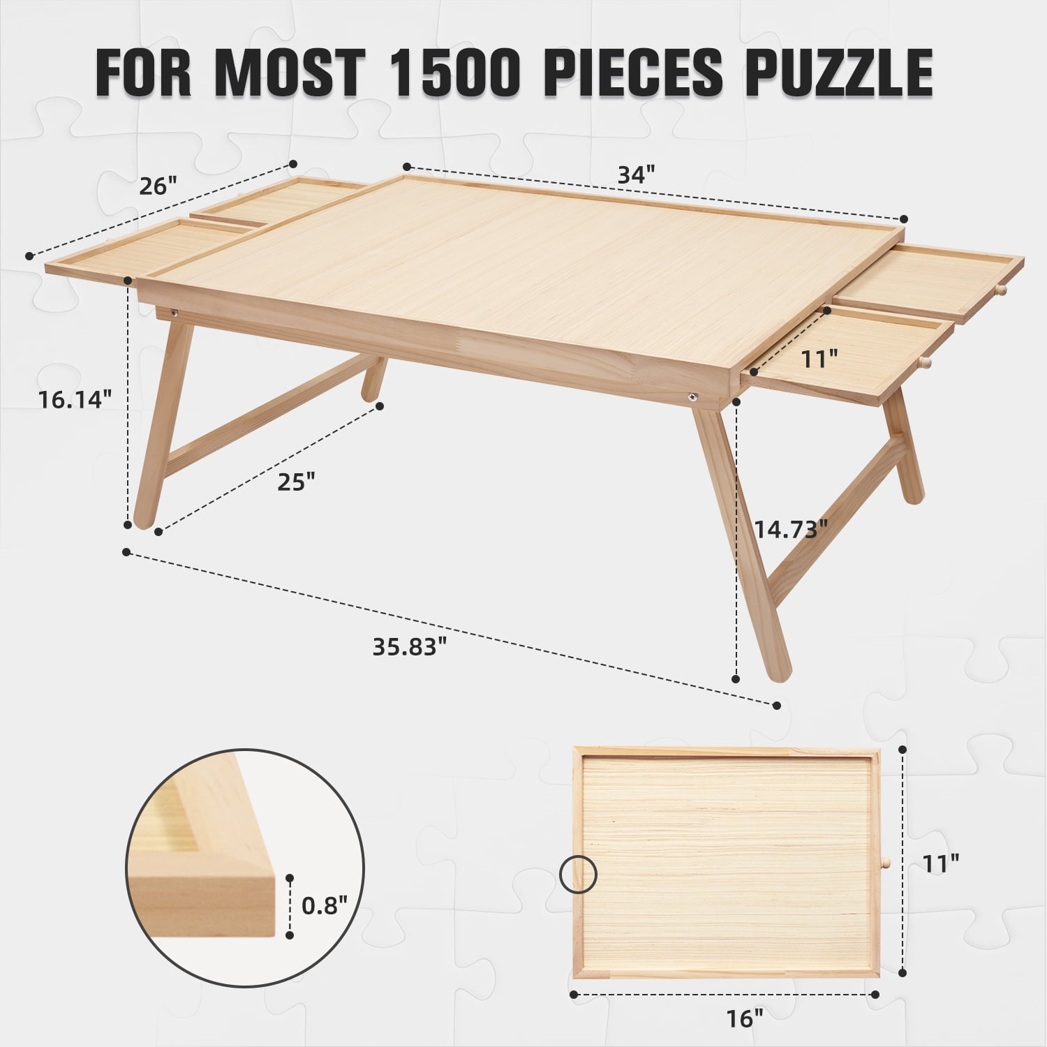 1500 Pcs Puzzle Board Wooden Jigsaw Puzzle Table with Folding Legs 4  Drawers, 1 Set of Accessories