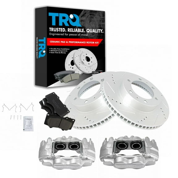 TRQ Front Performance Brake Pad & Rotor Kit Brake Caliper Brake Pads Brake Rotors Set Ceramic Premium G-Coated Fits Select 2003-2009 Toyota 4Runner 2007-2014 FJ Cruiser 2005-2020 Tacoma