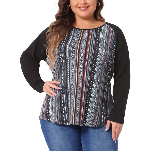 Blusa de mujer de talla grande Agnes Orinda, estilo bohemio, corte relajado, con bloques de color, de manga larga, 4X, azul