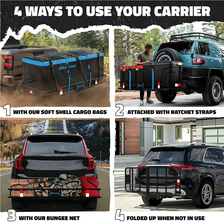Mockins XL Trailer Hitch Cargo Carrier 60 x24 x6 500lbs Cap. Foldable Hitch Mount with 25 CF Bag Walmart