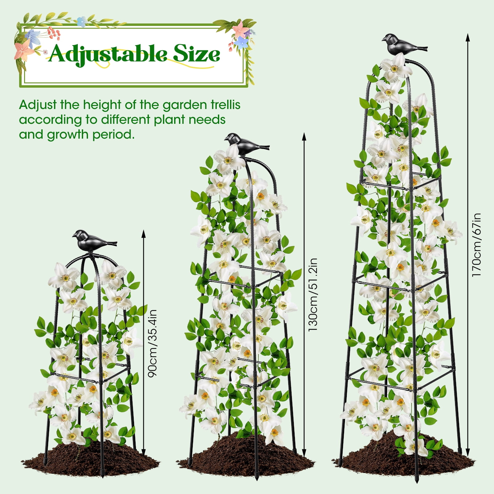 MQHUAYU 67 Inch Adjustable Garden Obelisk Trellis for Climbing Plants , Rustproof Metal Plant Support Frame, Outdoor Indoor Climbing Vine Cucumber Tomato Growing Stand