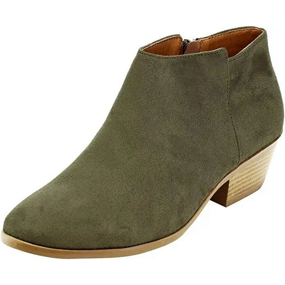 Soda Mug Natural Suede Western Faux Suede Low Chunky Block Heel Ankle Booties (Khaki Green, 5.5)