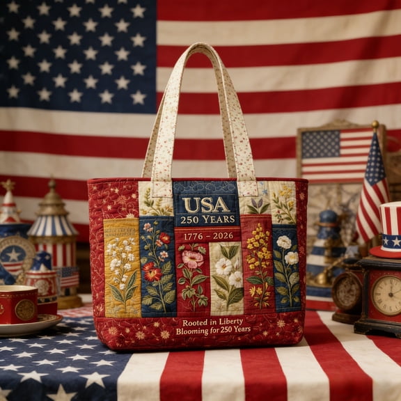 Quilted Tote Bag 1776-2026 USA 250th Anniversary Handbag Patriotic Independence Day Shoulder Handbag Vintage Floral Tote for Daily Shopping Work and 4th of July Holiday Events