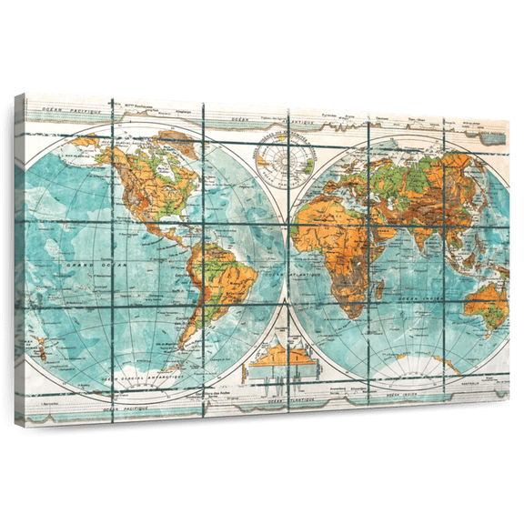 Elephant Stock Globe World Map Wall Art - Horizontal Canvas Wall Art - Living Room Wall Decor - Education Canvas - Beige And Gray Decor - 36" x 24"