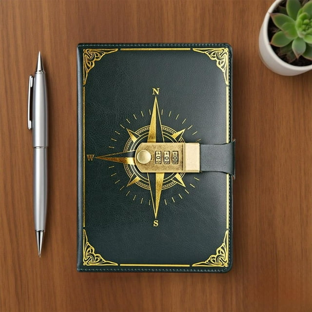 Feltree A5 Classic Password Lock Notebook with Combination Lock and Compass Pattern, Personalized Vintage Journal for Students, Imitation Leather Cover with Built-in Bookmark and Pen Slot