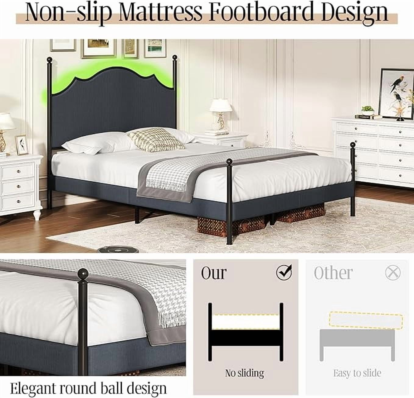 VanAcc Queen Bed Frame with LED Light & Arch Headboard, Modern Corduroy Upholstered Platform Bed with Metal Poster, Easy Assembly, Dark Gray