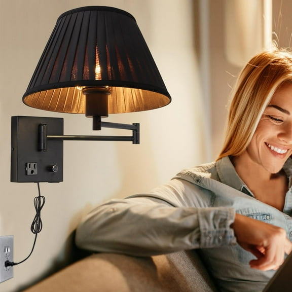 Plug in Wall Sconce 17" Swing Arm Wall Lamp with Plug in Cord and Dimmable Switch Black Sconces Lighting with USB Port and AC Outlet Wall Mounted Lamp Suitable for Bedroom Living Room Hallway.