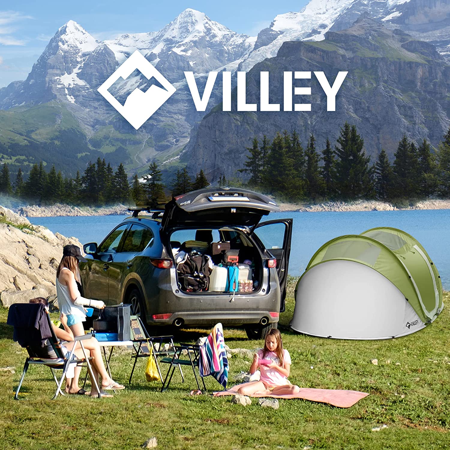 Carpa VILLEY para 2 personas de apertura rápida, impermeable, armado automático, ligera e instantánea para acampar, con bolsa de transporte para campamento, senderismo y viajes 7
