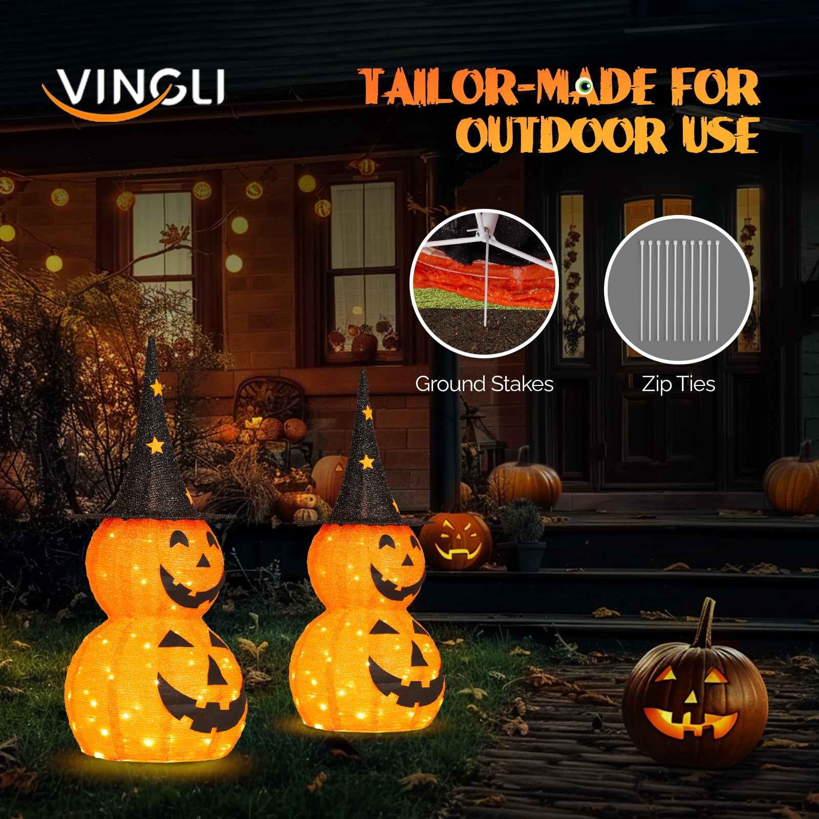 2Pcs 3ft Halloween Collapsible Pumpkin Decorations 150 LED Lights