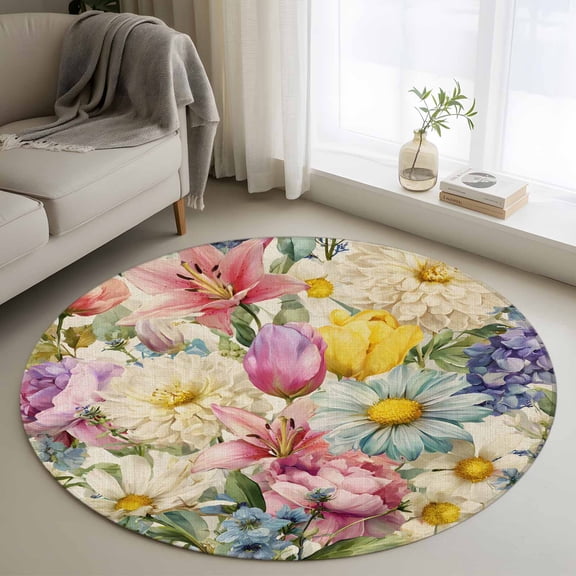 Round Rugs 3Ft, Spring Floral Round Area Rug Washable Indoor Throw Carpet, Farmhouse Elegant Flowers Vintage Art Small Non Slip Circle Rug for Bedroom Living Room Home Decor Aesthetic