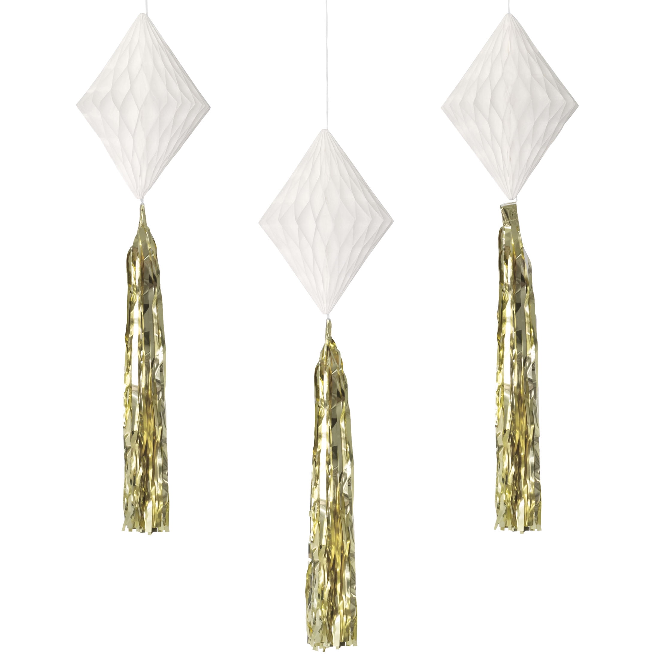 Way to Celebrate! White Tissue Paper Honeycomb Diamonds with Gold Tassels, 3ct