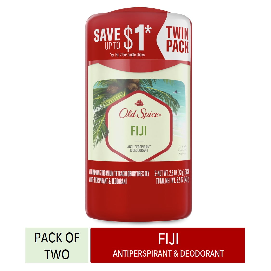 Old Spice Antiperspirant Deodorant for Men, Fiji, 2.6 Oz., Twin Pack