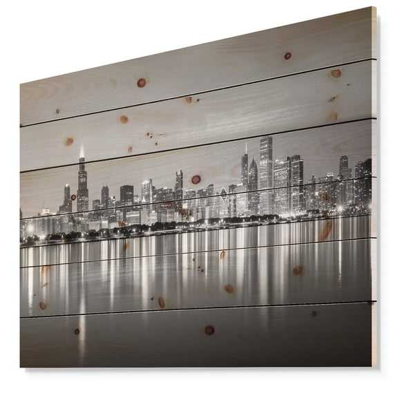 Designart 'Chicago Skyline at Night Black and White' Cityscape Print on Natural Pine Wood