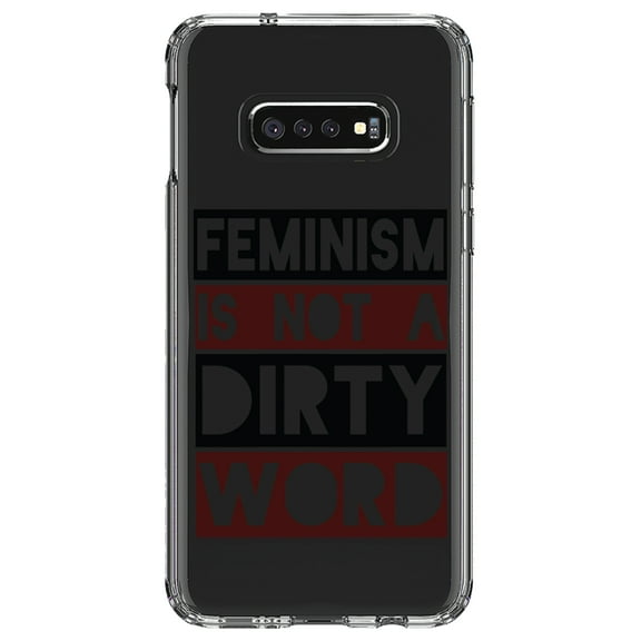 DistinctInk Clear Shockproof Hybrid Case for Samsung Galaxy S10e (5.8" Screen) - TPU Bumper Acrylic Back Tempered Glass Screen Protector - Feminism is NOT A Dirty Word
