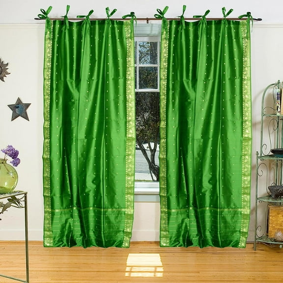 Tie Top Sheer Sari Curtains 80" W X 108" L matching tiebacks- Handcrafted Forest Green Indian Drapes Unlined for light & airy ambience Perfect for Living/Bedroom/Dining Room Sold in Pairs