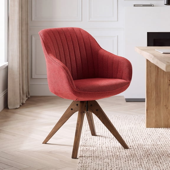 Art Leon Mid-Century Modern 360° Swivel Desk Chair No Wheels, Fabric Upholstered Accent Chair with Oak Wood Legs, for Living Room Bedroom, Wine Red