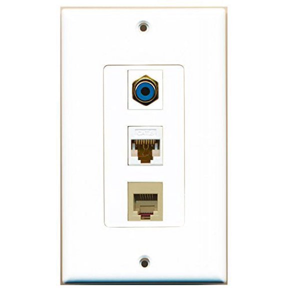 RiteAV - 1 Port RCA Blue and 1 Port Phone RJ11 RJ12 Beige and 1 Port Cat6 Ethernet White Decorative Wall Plate Decorative