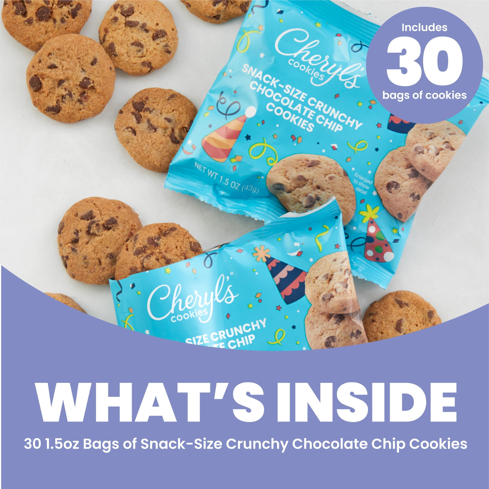 Cheryl's Cookies® Party Crunchy Chocolate Chip Cookie Pail, with 30 Pack of Individually Wrapped Chocolate Chip Cookies, Gift for Any Occasion, Family, Friends, Coworkers