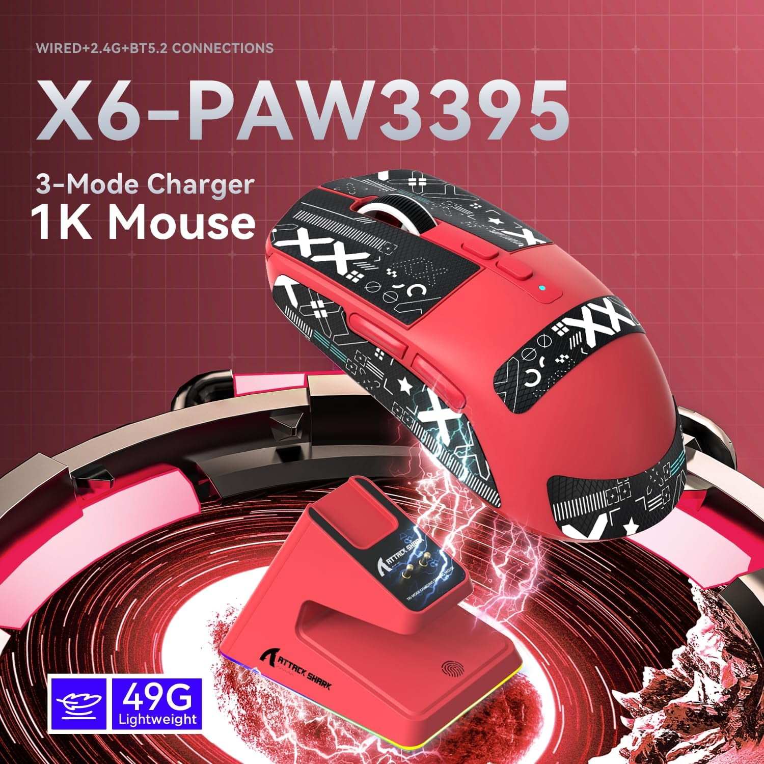 ATTACK SHARK X6 49g SUPERLIGHT Mouse with Magnetic Charging Dock, PixArt PAW3395 Gaming Sensor, BT/2.4G Wireless/Wired Gaming Mouse with Tape, 26000 DPI, X3 Upgrade Mice for Win11/Xbox/PS/Mac