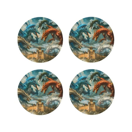 

Tebeau Red Blue Dragon Battle Epic Print Set of 4 Leather Drink Coasters Round Cup Mat Pad for Home and Kitchen Use 4 -Round Shape