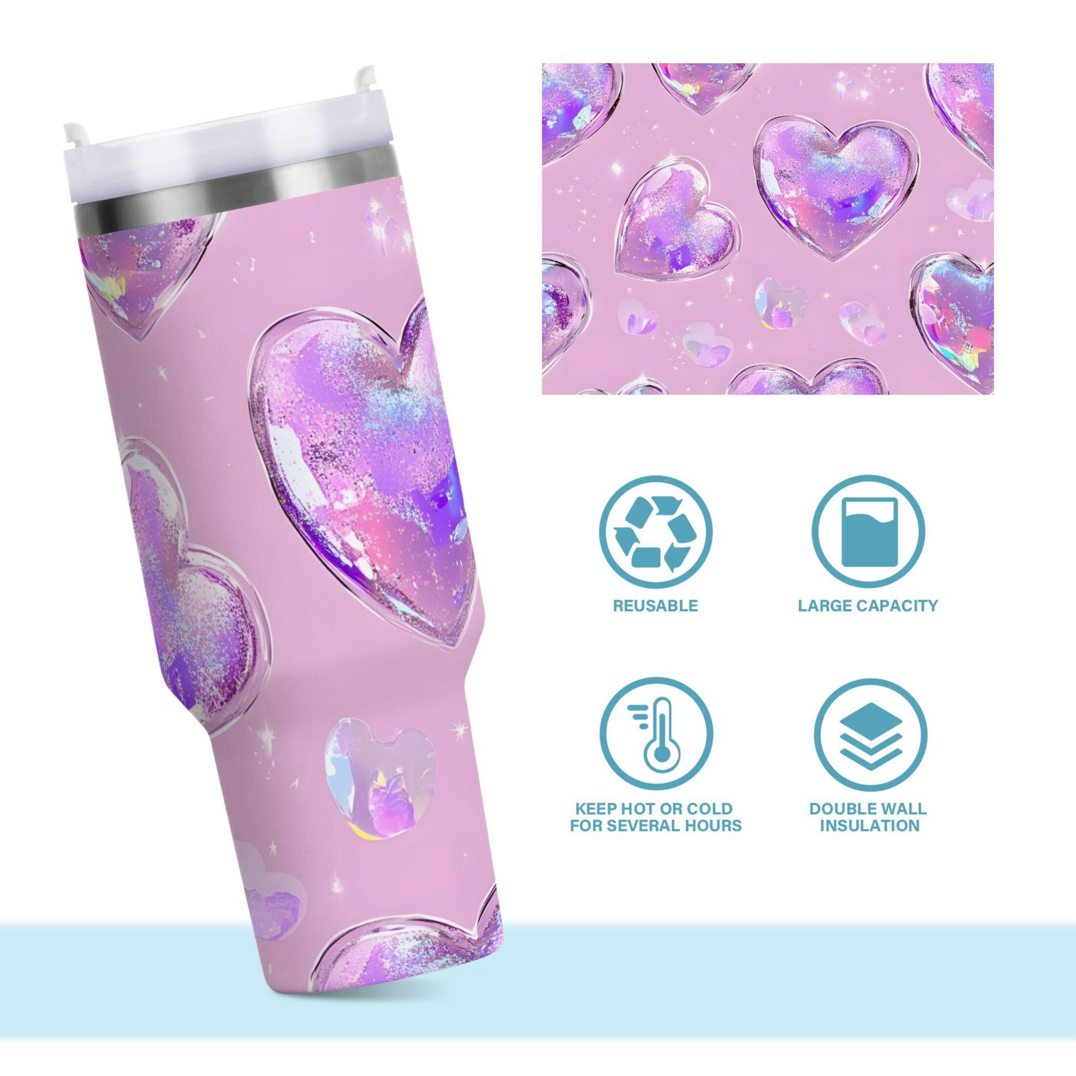 Ryvnso 40 oz Tumbler with Handle and Straw Holographic Glitter Hearts Insulated Stainless Steel Travel Mug with Lid