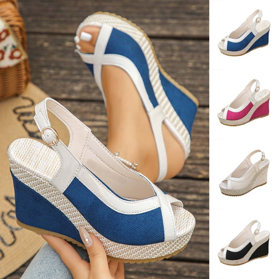Crunowin Women's Wedge Sandals, Comfortable Peep Toe Buckle Strap Spring Summer Big Size Sandals Blue 6.5